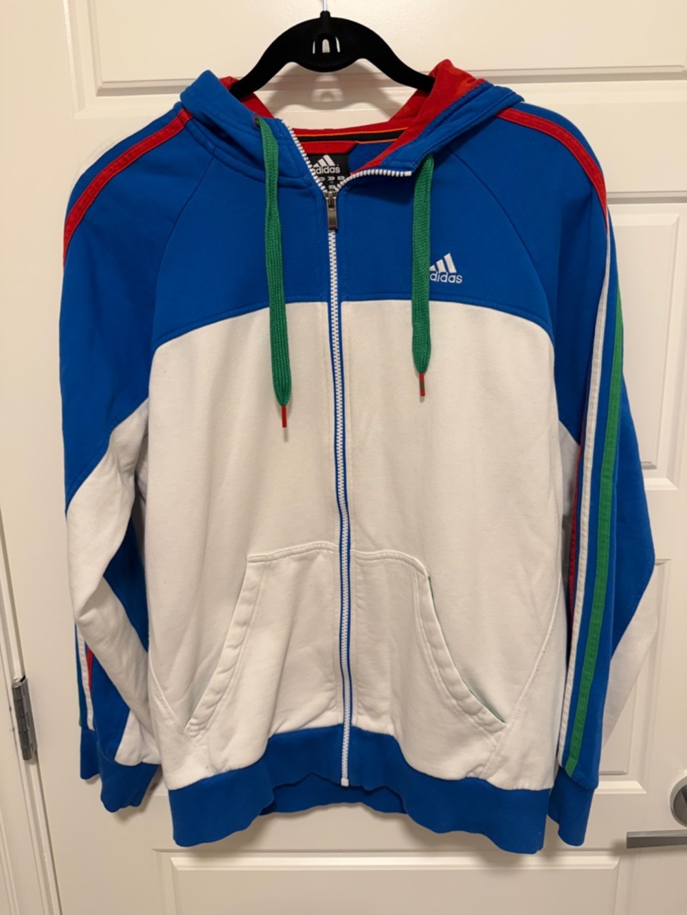 Adidas Colorblock Zip-Up Hoodie in Blue, White & Green size M